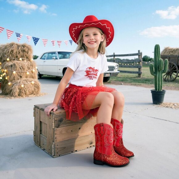 Unisex Child Red Mid Calf Glitter Toddler Cowboy Boot Little Big Kids Western - Picture 3 of 8